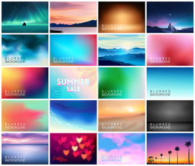 BIG set of 20 horizontal wide blurred nature backgrounds. With various quotes. Sunset and sunrise sea blurred background. Mountain Landscapes, night sky with polar lights and moon night