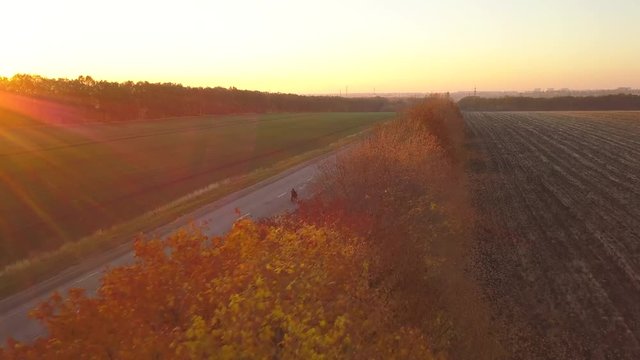 Aerial: fly cam follow motorbike on the road at sunset time
