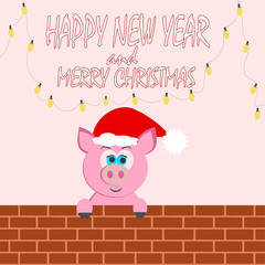 a beautiful animal cartoon pig pink looks at a brick wall