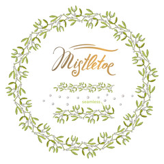 Branch of mistletoe with berries. Vector Traditional Christmas wreath holly plant. Decorating for national Festive on white background. xmas design template