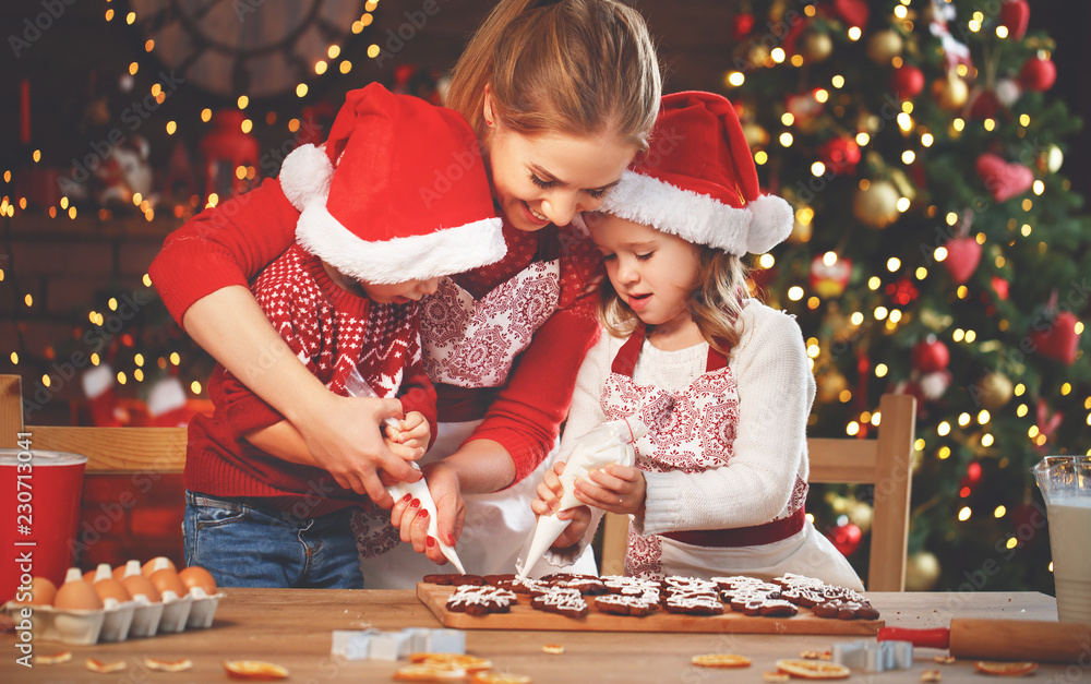 Wall mural happy family bake christmas cookies