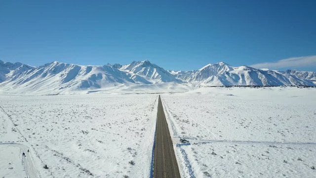 Empty Snowy Road Mammoth California Aerial 4K