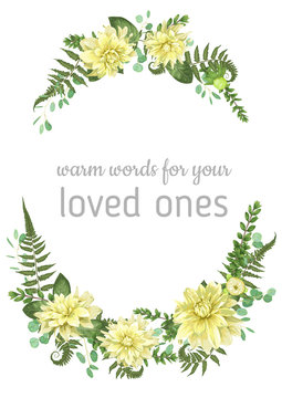 Floral vector background. Beautiful wedding invitation with various leaves. Botanical illustration. Fern, eucalyptus, boxwood, flowers of yellow dahlia
