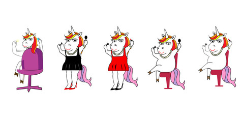 Set of female unicorns, isolated on white