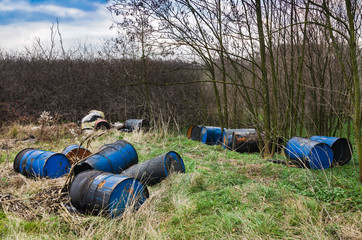 Barrels of toxic waste in nature