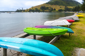 Landscape Scenery of Mount Maunganui Beach, Tauranga - New Zealand; Dinghy at Pilot Bay