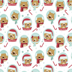 Vector happy Christmas bears and candy canes seamless pattern on white background.