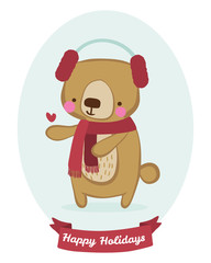 Plakat Vector happy Christmas bear card design on light blue background, with red banner.