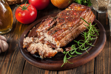 Still hot baked pork belly or bacon