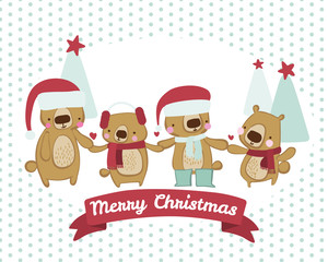 Vector happy Christmas  bears card design on light blue polka dot background with red banner.