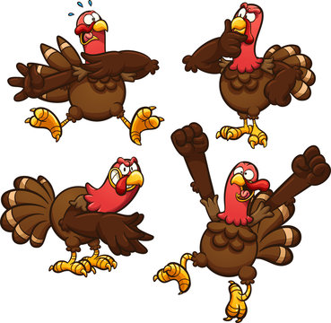 Cartoon Thanksgiving turkey in different poses.  Vector clip art illustration with simple gradients. Each on a separate layer. 