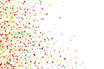 Confetti on isolated white. Bright explosion. Texture with falling geometric elements. Abstract background. Pattern for design. Print for polygraphy, banners, t-shirts and textiles. Greeting cards