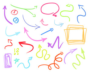Abstract arrows. Multicolored infographic elements on white. Set of different indicator signs. Hand drawn simple objects. Line art. Symbols for work