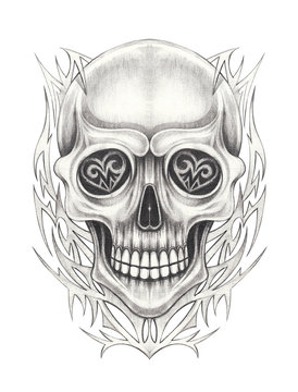 Art Graphic mix Skull Tattoo. Hand drawing on paper.