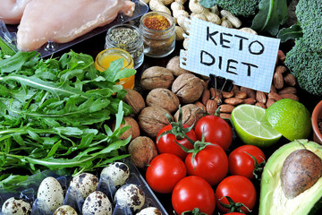 A set of useful products containing low carbohydrates. A note with the inscription Keto diet. Broccoli, nuts, quail eggs, cherry tomatoes, chicken fillet.