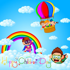 Obraz na płótnie Canvas Happy Children's day poster with happy kids on the sky