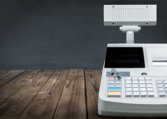 Cash register with LCD display on background