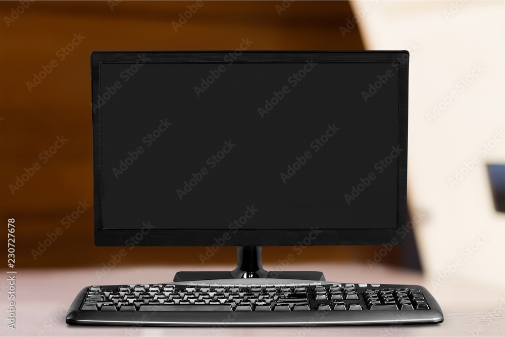 Poster desktop computer and keyboard on background
