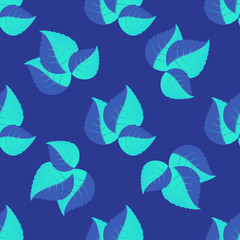 Seamless pattern of leaves arranged randomly on blue background.