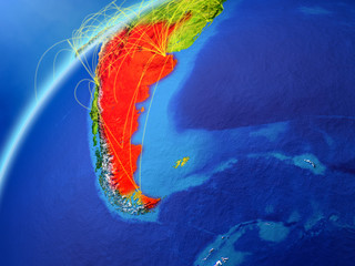 Argentina on model of planet Earth with international networks. Concept of digital communication and technology.