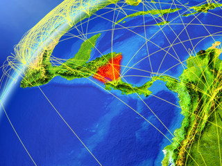 Nicaragua on model of planet Earth with international networks. Concept of digital communication and technology.