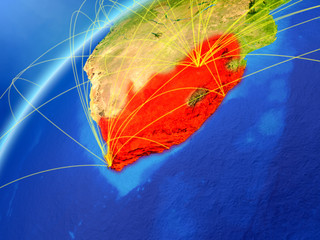 South Africa on model of planet Earth with international networks. Concept of digital communication and technology.