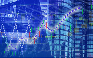 Stock market chart shown in financial building, business background. (blue bull chart)