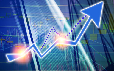 Stock market chart shown in financial building, business background. (blue bull chart)