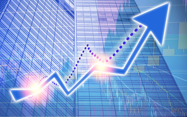 Stock market chart shown in financial building, business background. (blue bull chart)