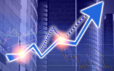 Stock market chart shown in financial building, business background. (blue bull chart)