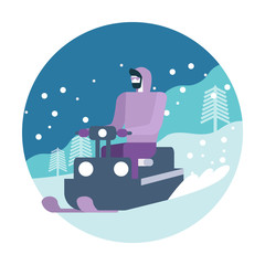 Young man posing on snowmobile. Winter activity. flat icon design. vector illustration