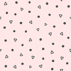 Repeated round spots and triangles drawn by hand. Cute geometric seamless pattern.