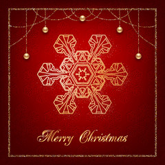 Fototapeta premium Illustration of christmas greeting card or invitation with decorative snowflake, golden beads and confetti on red background