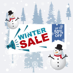 Winter Sale Banner Label Flyer Off Snowman Snowflake Pine Fir