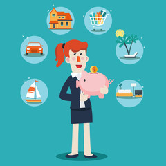 Happy, successful, smiling business woman with a piggy bank. 6 icons: house, car, yacht, shopping cart, furniture and holiday vacation. Saving and investing money. Future financial planning concept