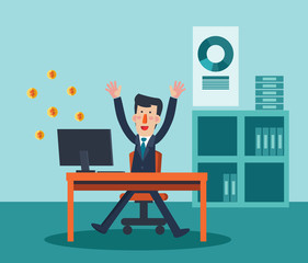 Young, happy man working in office at computer. Successful businessman making money