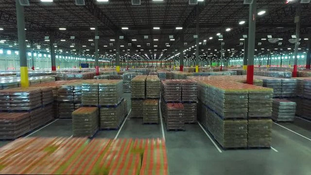 Aerial overview across aisles of merchandise in a warehouse