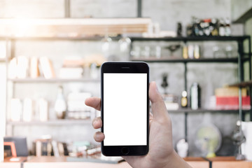 Close up Woman hand Using a Smart Phone with blank screen at Lab.