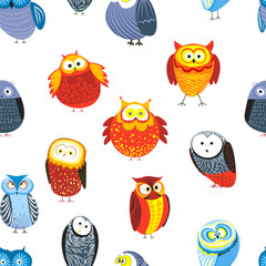 Owls cartoon kid funny characters with feather ornament seamless pattern.