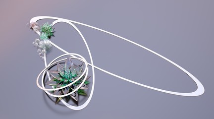 Abstract composition with glass succulents and metal shapes on a blurred background. 3D illustration