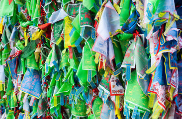 Buddhist temple, flags with prayers