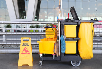 Closeup of cleaning equipment and tools for floor cleaning at the air port. 