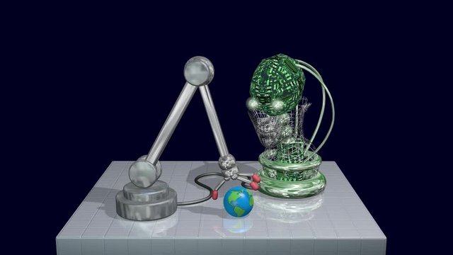 Robot arm picks up ball, Earth globe, examines it with AI head, eyes. 3d animation