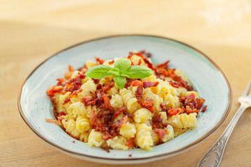 Pasta carbonara with Bacon, eggs and Parmesan Cheese.