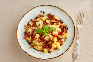 Pasta carbonara with Bacon, eggs and Parmesan Cheese.