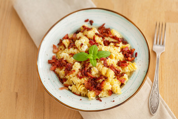 Pasta carbonara with Bacon, eggs and Parmesan Cheese.