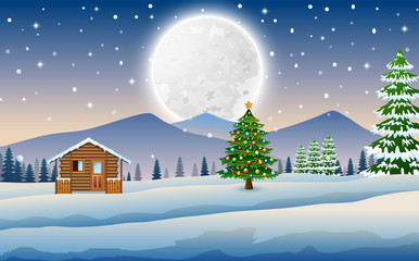 Naklejka premium View of wooden houses and christmas trees in winter landscape