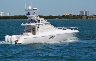Sport fishing boat on the Florida Intra-Coastal Waterway off Miami Beach,Florida