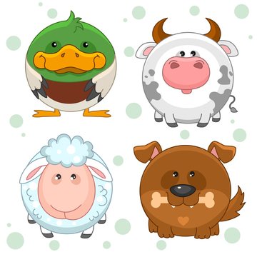 Set of beautiful round pet icons for kids and design, duck, cow, sheep and dog with bone. Round animals inscribed in a circle.