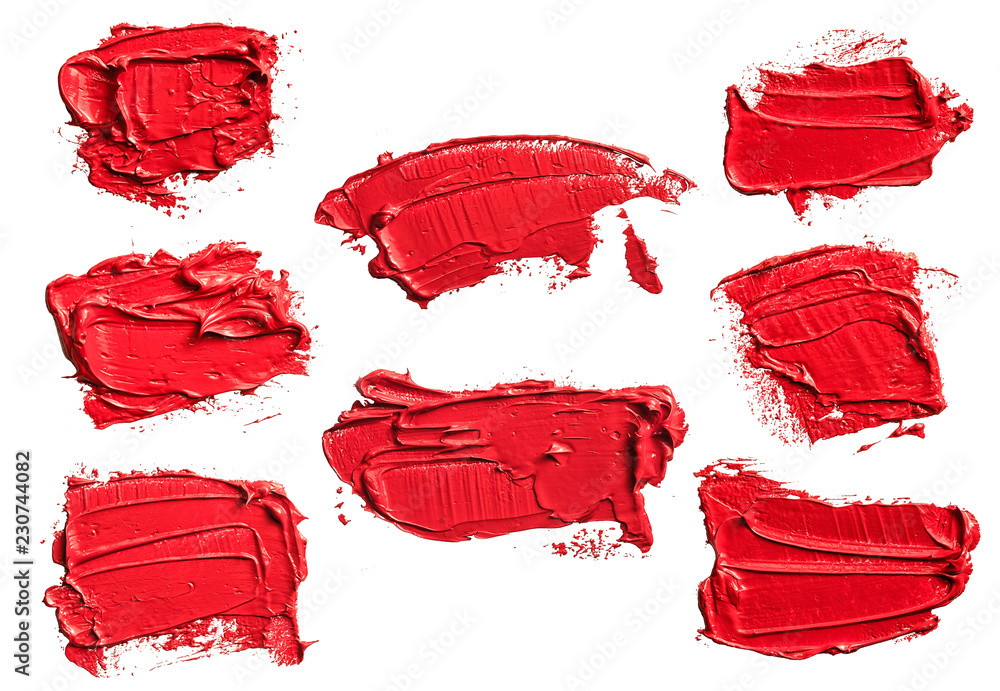 Poster set of eight textured red oil paint brush stroke, convex with shadows, isolated on white background.